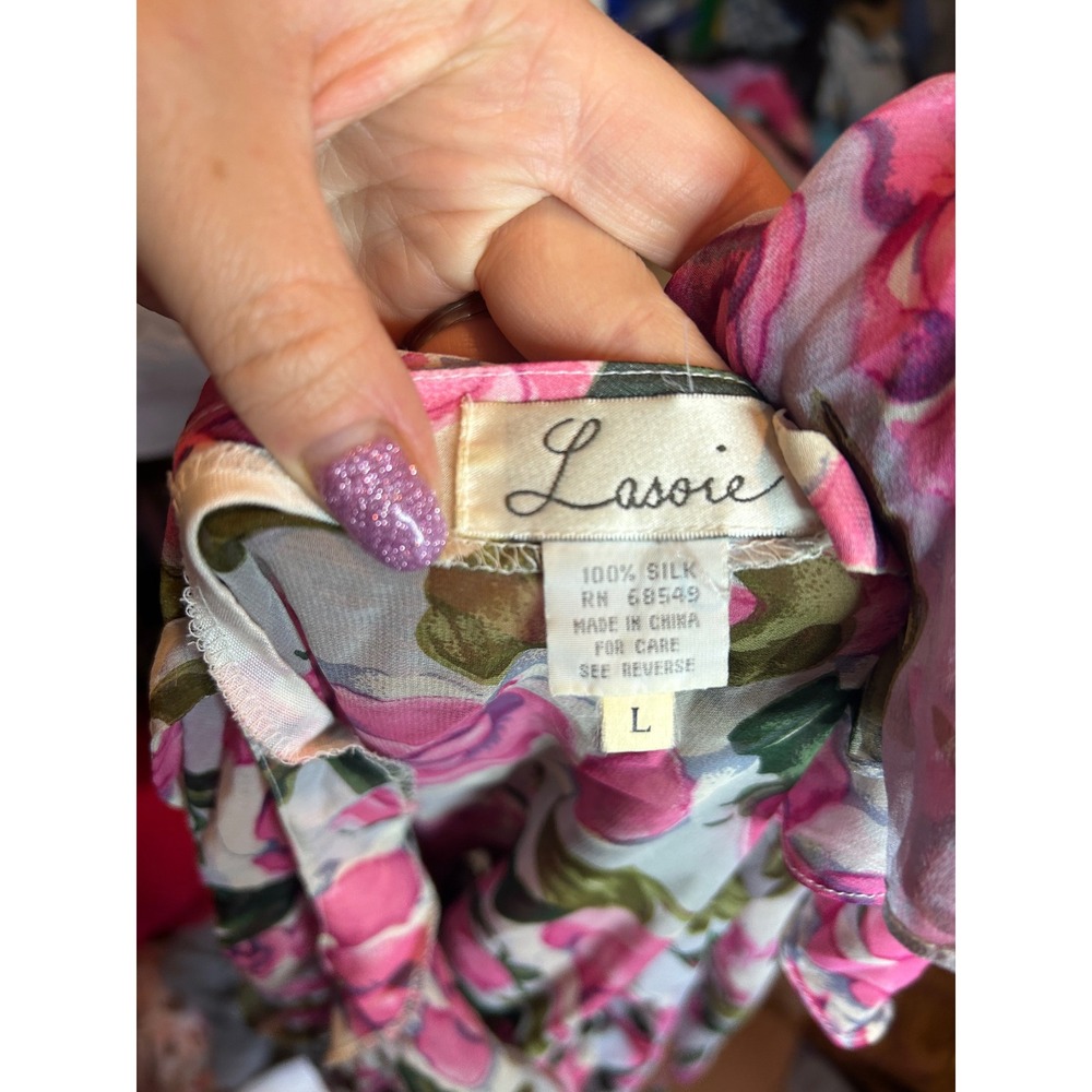 Lasoie SILK Pink Floral Rose Flutter Sleeve Nightgown 2 Piece Lingerie VTG L - Picture 12 of 12